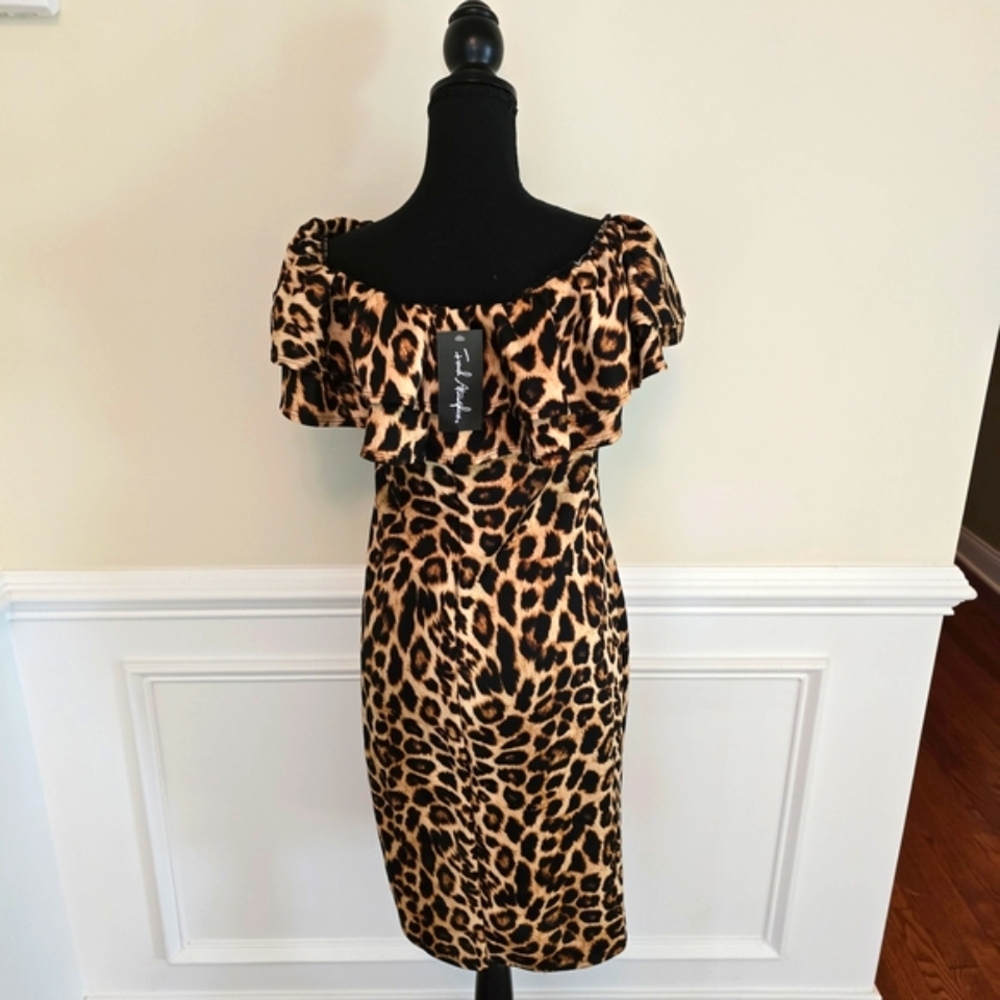 French Atmosphere Leopard Print Off-Shoulder Midi Dress